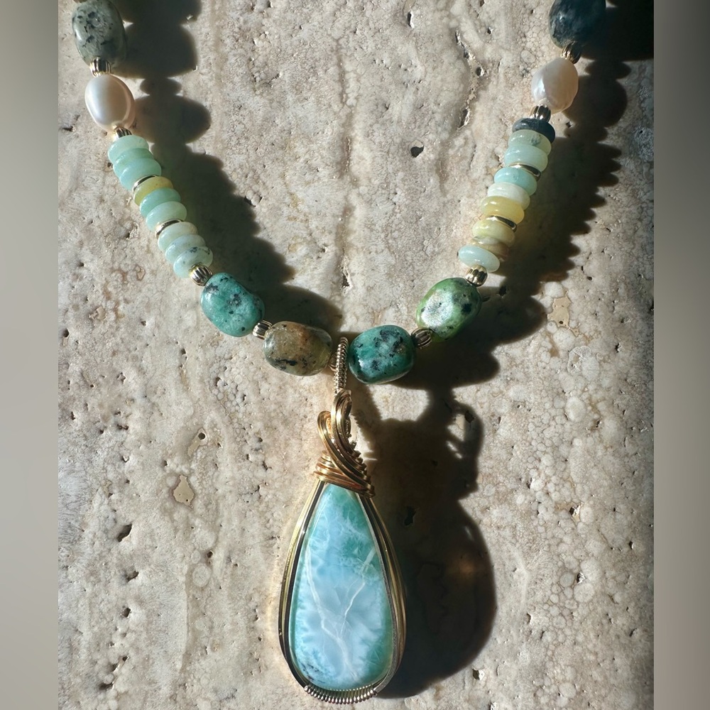 Larimar, Pearl, Amazonite, & Quartz Gemstone Necklace